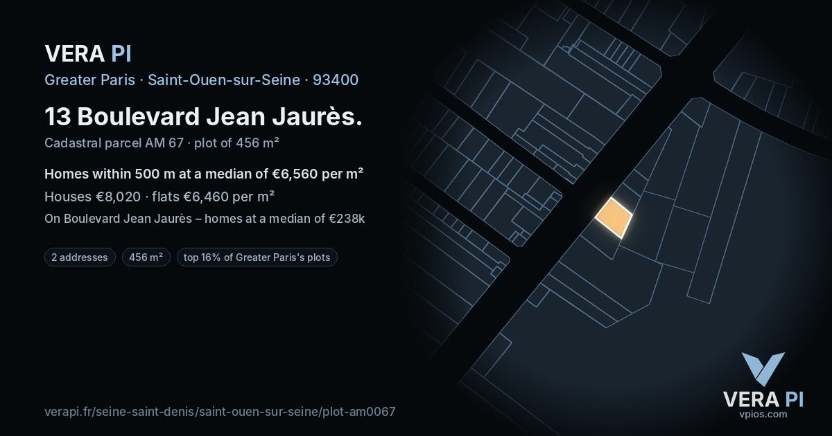 13 Boulevard Jean Jaurès, Saint-Ouen-sur-Seine at night – the plot lit, the parcels around coloured by the prices near them