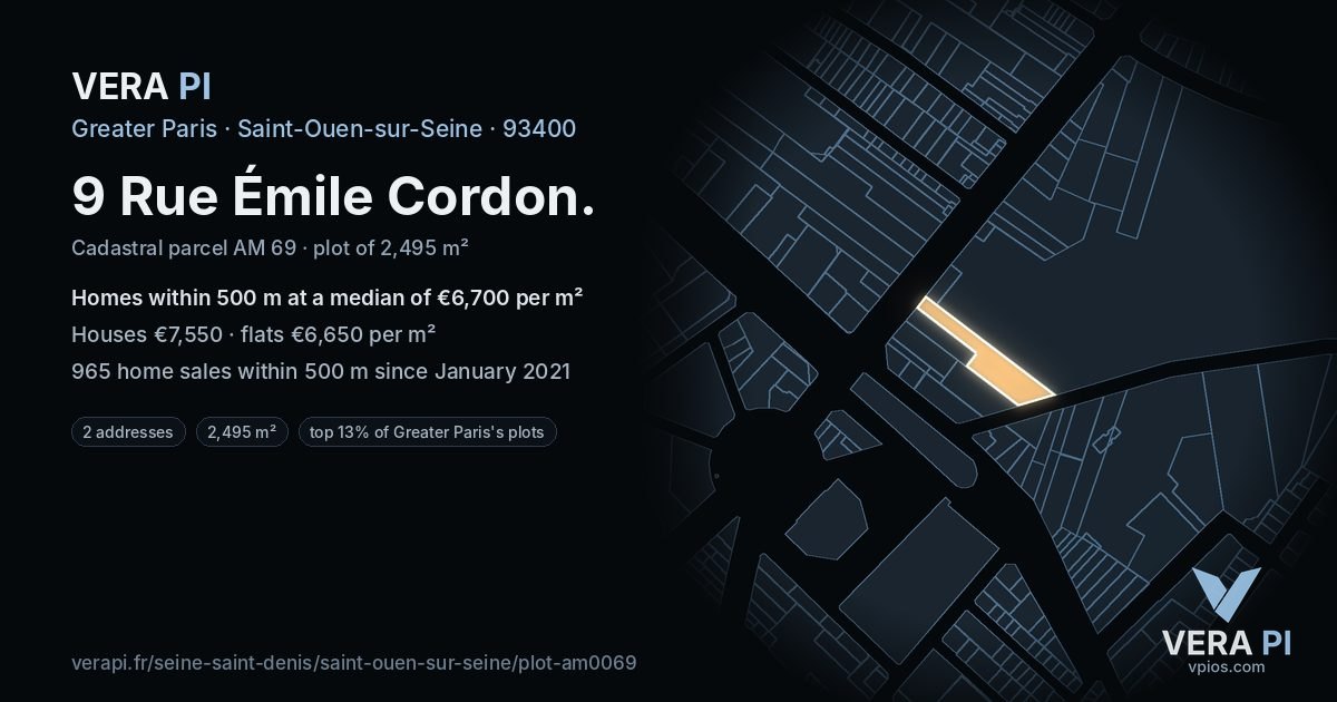 9 Rue Émile Cordon, Saint-Ouen-sur-Seine at night – the plot lit, the parcels around coloured by the prices near them