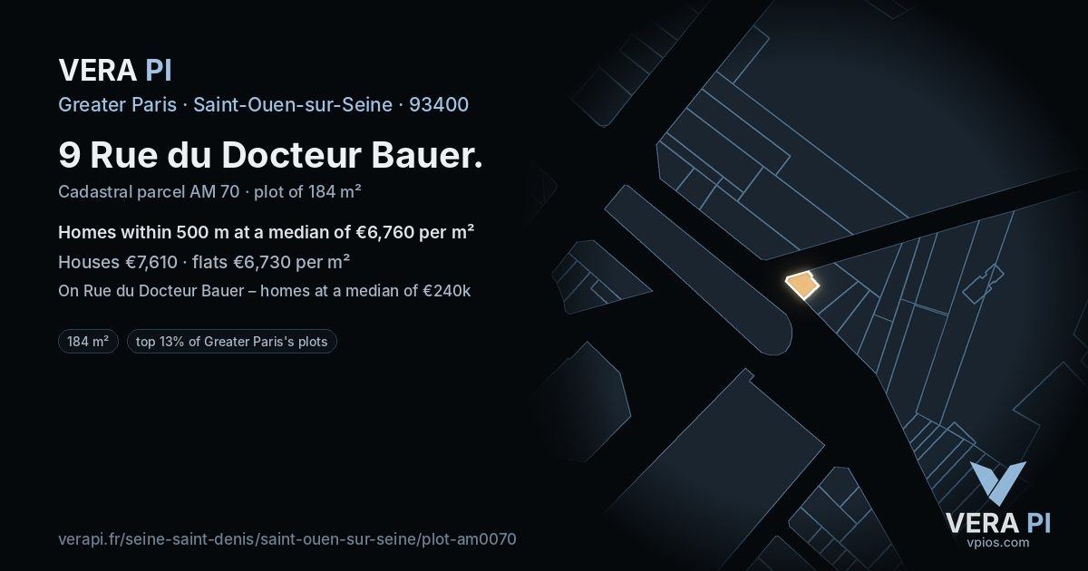 9 Rue du Docteur Bauer, Saint-Ouen-sur-Seine at night – the plot lit, the parcels around coloured by the prices near them