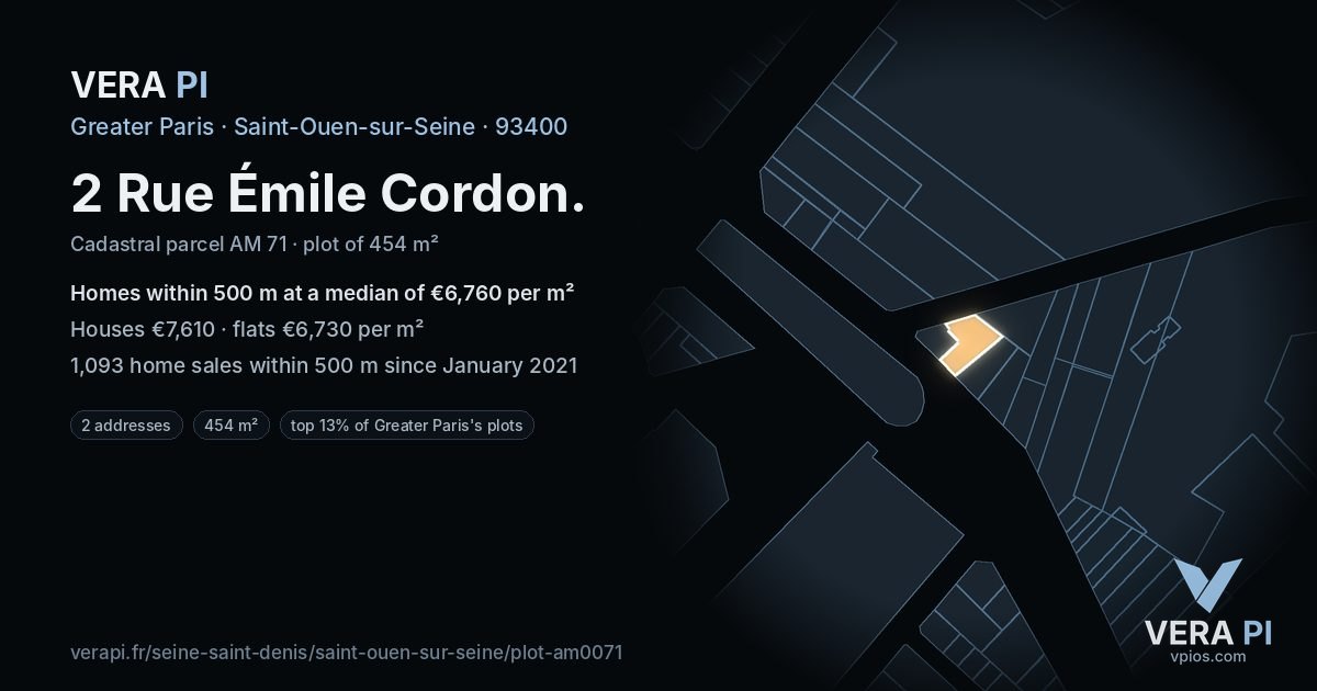 2 Rue Émile Cordon, Saint-Ouen-sur-Seine at night – the plot lit, the parcels around coloured by the prices near them