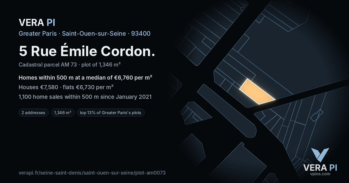 5 Rue Émile Cordon, Saint-Ouen-sur-Seine at night – the plot lit, the parcels around coloured by the prices near them