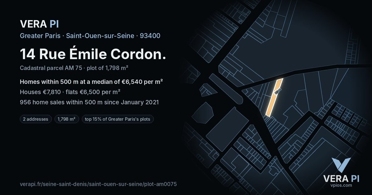 14 Rue Émile Cordon, Saint-Ouen-sur-Seine at night – the plot lit, the parcels around coloured by the prices near them