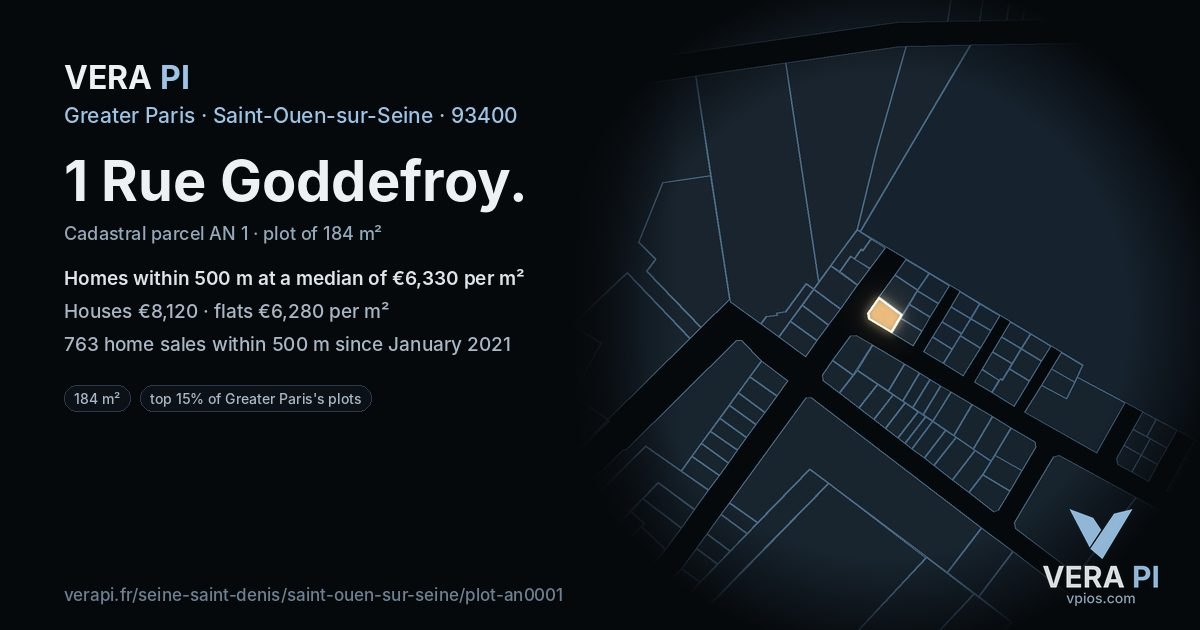 1 Rue Goddefroy, Saint-Ouen-sur-Seine at night – the plot lit, the parcels around coloured by the prices near them