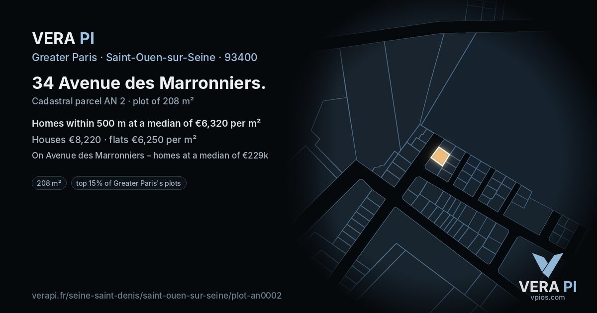 34 Avenue des Marronniers, Saint-Ouen-sur-Seine at night – the plot lit, the parcels around coloured by the prices near them