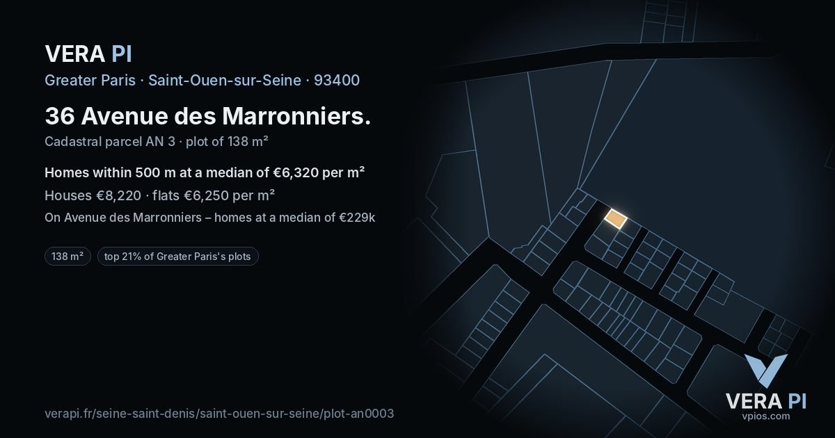 36 Avenue des Marronniers, Saint-Ouen-sur-Seine at night – the plot lit, the parcels around coloured by the prices near them