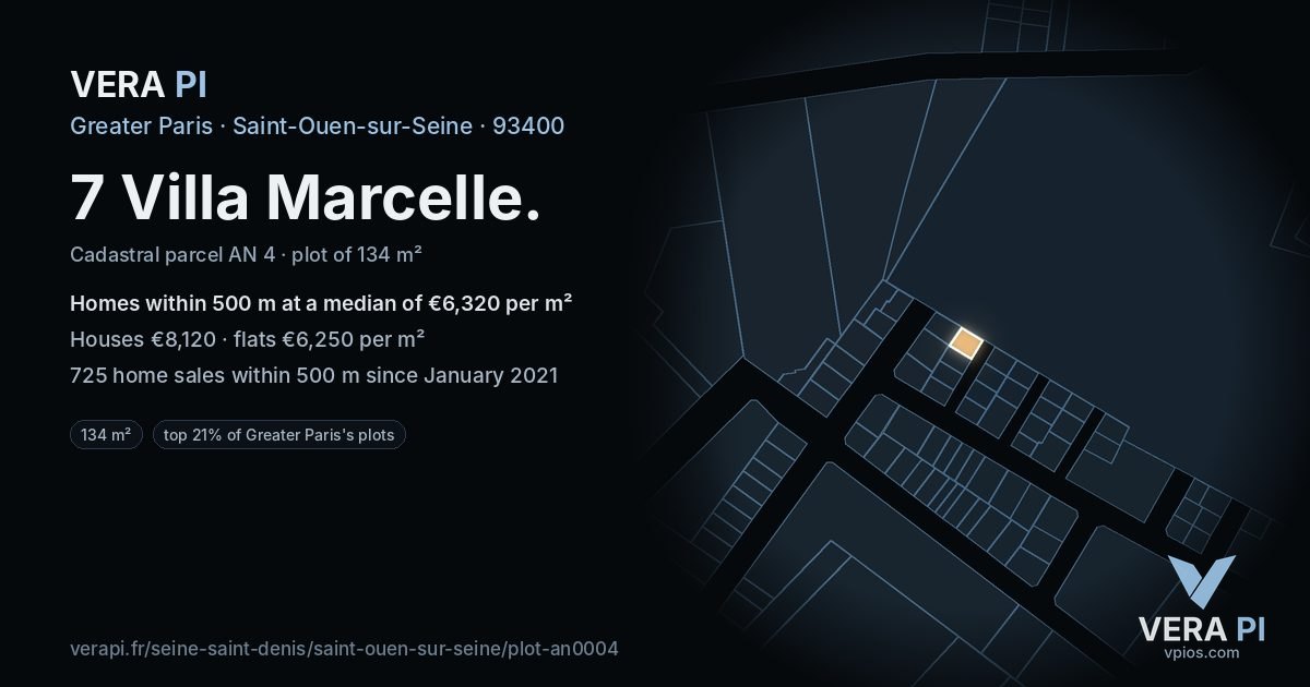 7 Villa Marcelle, Saint-Ouen-sur-Seine at night – the plot lit, the parcels around coloured by the prices near them