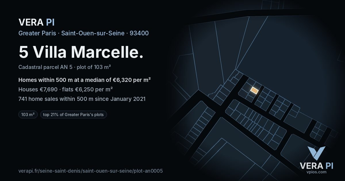 5 Villa Marcelle, Saint-Ouen-sur-Seine at night – the plot lit, the parcels around coloured by the prices near them