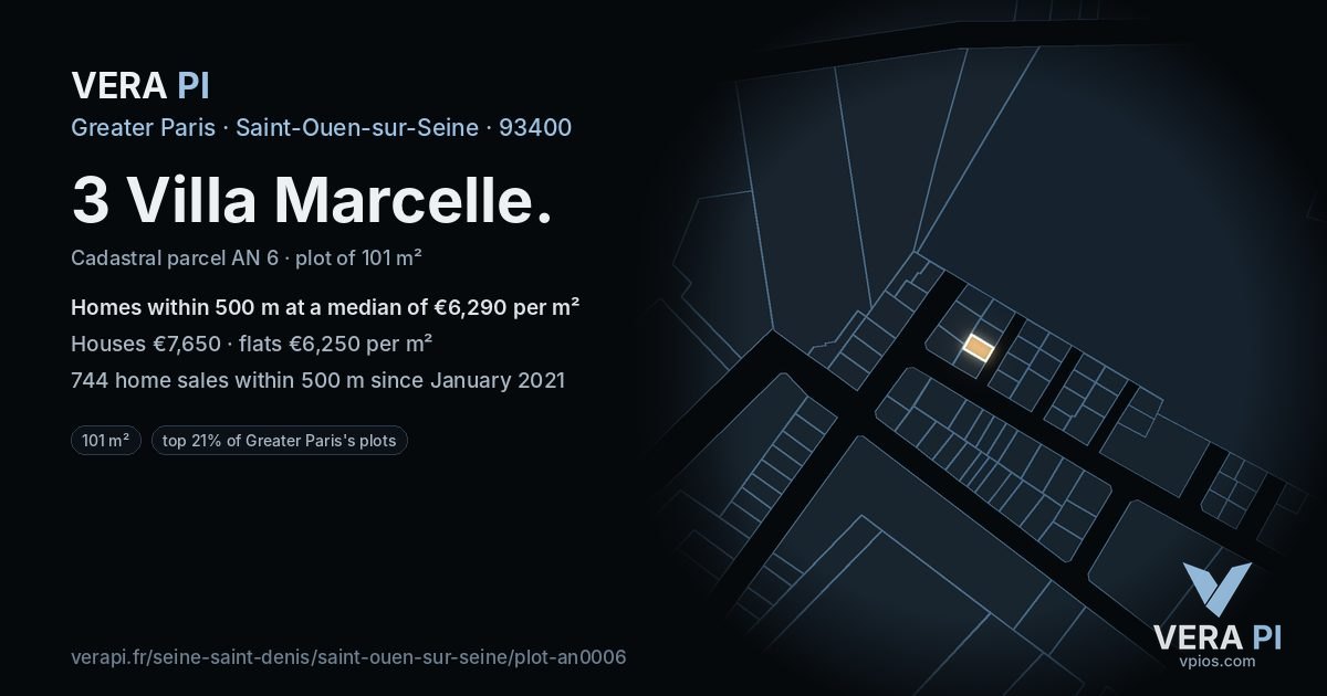 3 Villa Marcelle, Saint-Ouen-sur-Seine at night – the plot lit, the parcels around coloured by the prices near them