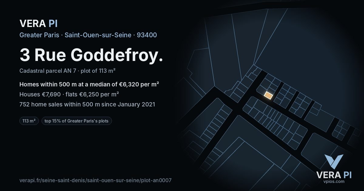 3 Rue Goddefroy, Saint-Ouen-sur-Seine at night – the plot lit, the parcels around coloured by the prices near them