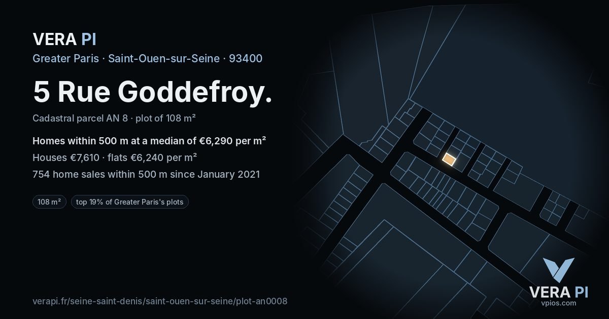 5 Rue Goddefroy, Saint-Ouen-sur-Seine at night – the plot lit, the parcels around coloured by the prices near them