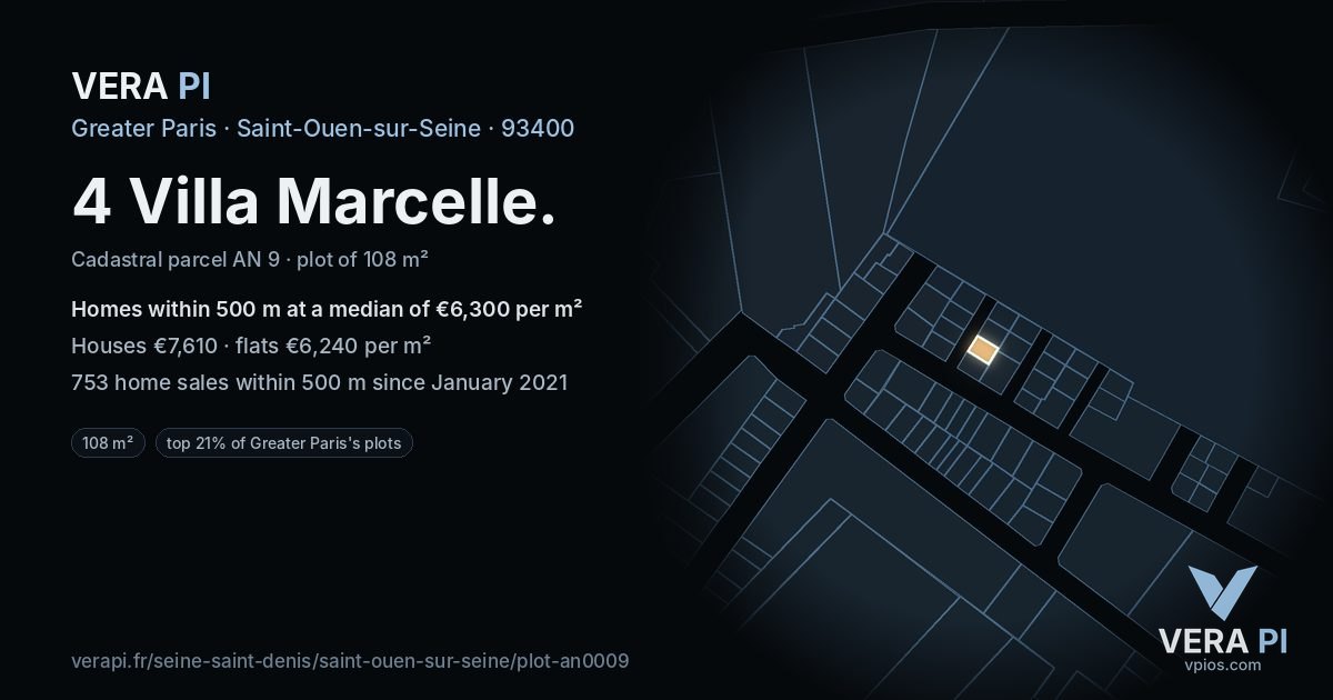 4 Villa Marcelle, Saint-Ouen-sur-Seine at night – the plot lit, the parcels around coloured by the prices near them