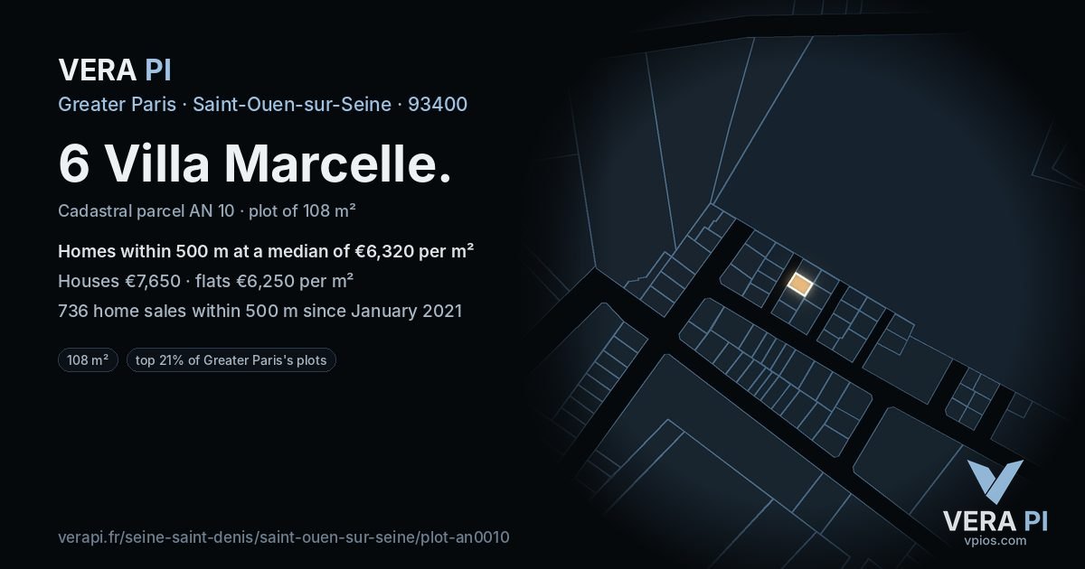 6 Villa Marcelle, Saint-Ouen-sur-Seine at night – the plot lit, the parcels around coloured by the prices near them