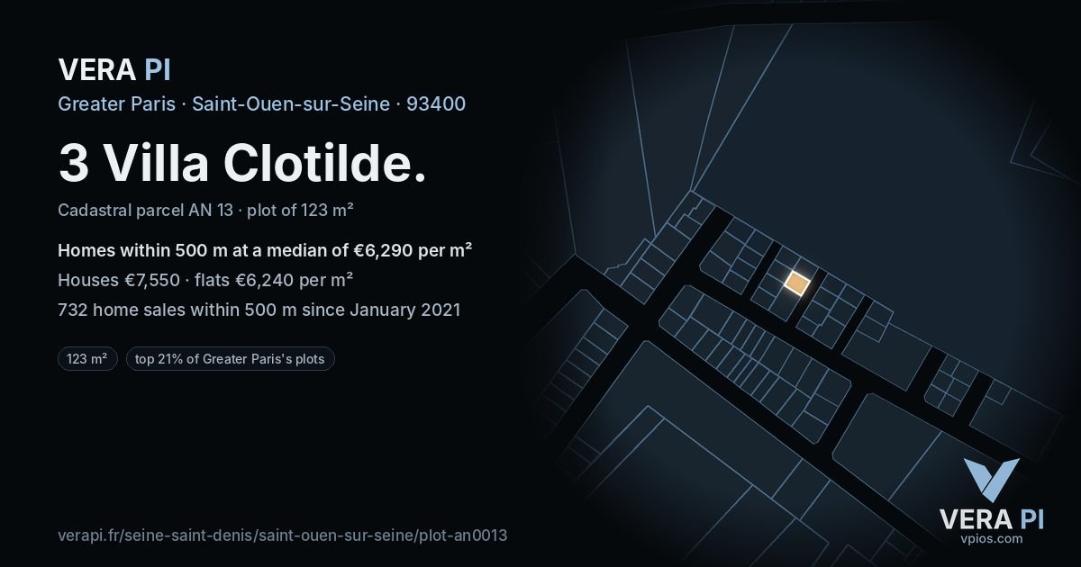 3 Villa Clotilde, Saint-Ouen-sur-Seine at night – the plot lit, the parcels around coloured by the prices near them