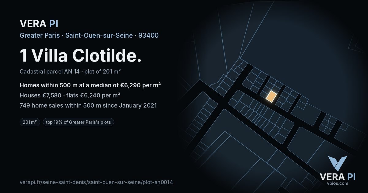 1 Villa Clotilde, Saint-Ouen-sur-Seine at night – the plot lit, the parcels around coloured by the prices near them