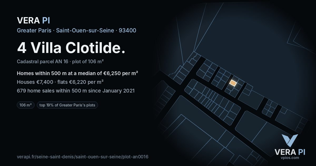 4 Villa Clotilde, Saint-Ouen-sur-Seine at night – the plot lit, the parcels around coloured by the prices near them