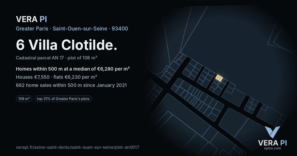 6 Villa Clotilde, Saint-Ouen-sur-Seine at night – the plot lit, the parcels around coloured by the prices near them