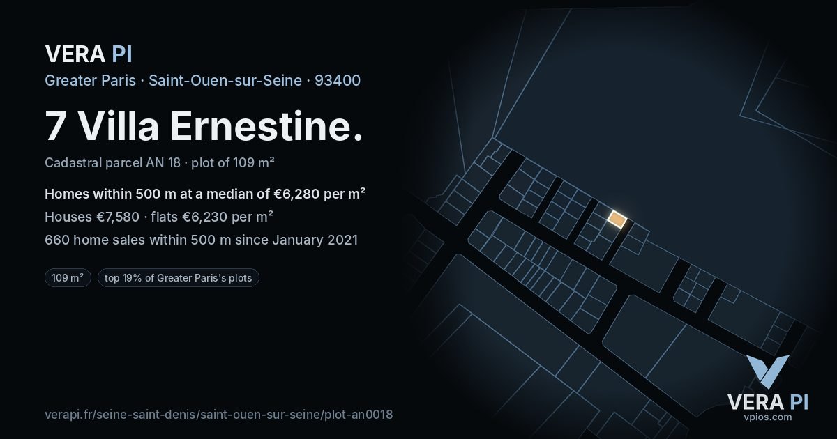 7 Villa Ernestine, Saint-Ouen-sur-Seine at night – the plot lit, the parcels around coloured by the prices near them
