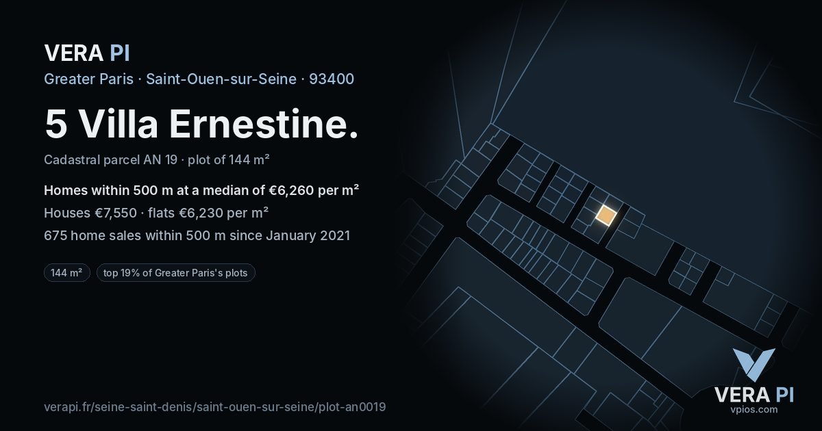 5 Villa Ernestine, Saint-Ouen-sur-Seine at night – the plot lit, the parcels around coloured by the prices near them