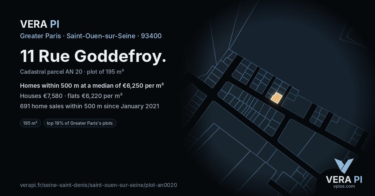 11 Rue Goddefroy, Saint-Ouen-sur-Seine at night – the plot lit, the parcels around coloured by the prices near them