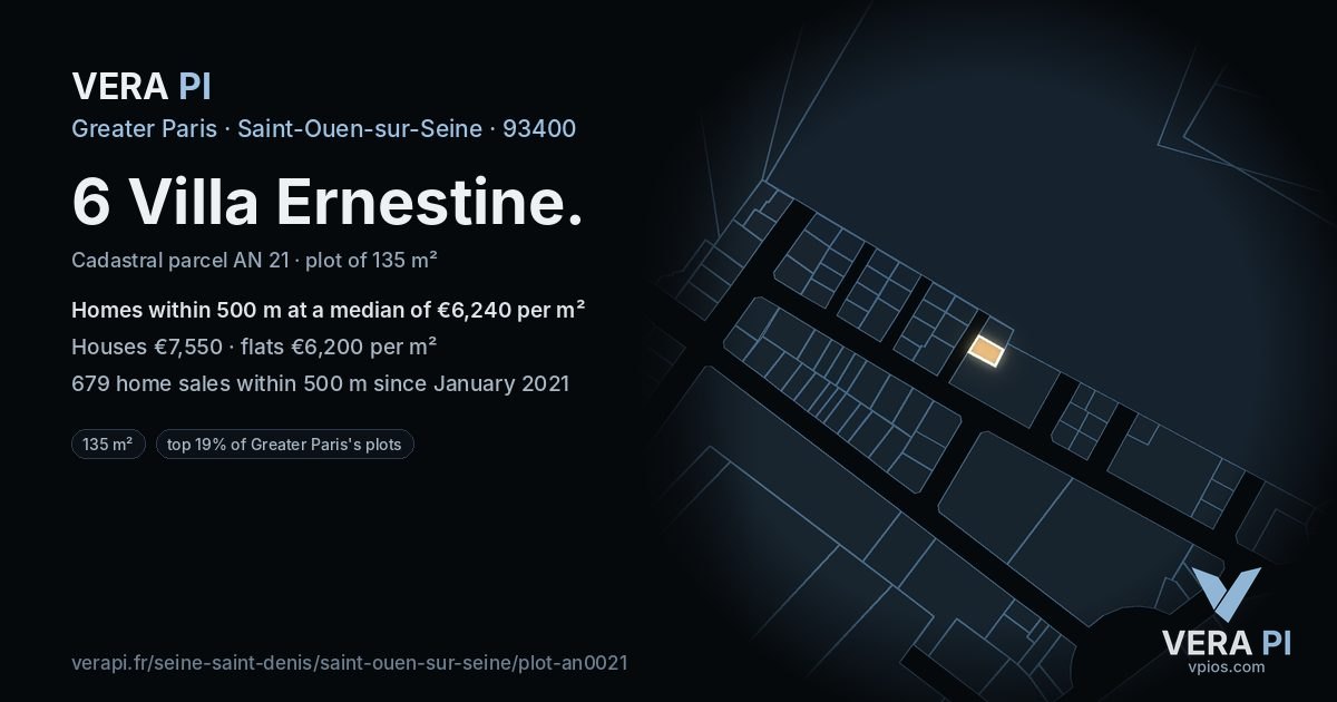 6 Villa Ernestine, Saint-Ouen-sur-Seine at night – the plot lit, the parcels around coloured by the prices near them