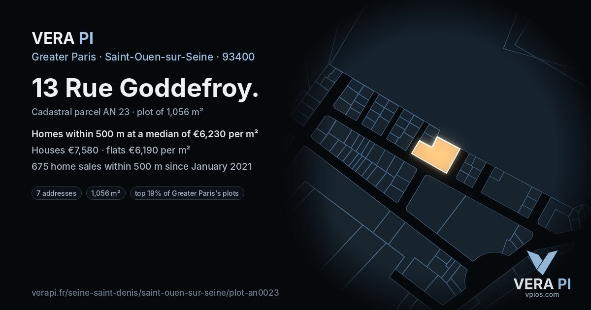 13 Rue Goddefroy, Saint-Ouen-sur-Seine at night – the plot lit, the parcels around coloured by the prices near them