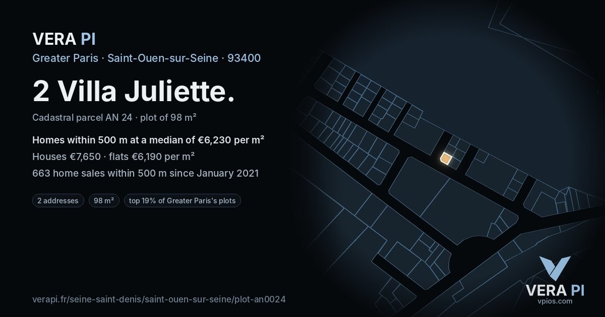 2 Villa Juliette, Saint-Ouen-sur-Seine at night – the plot lit, the parcels around coloured by the prices near them