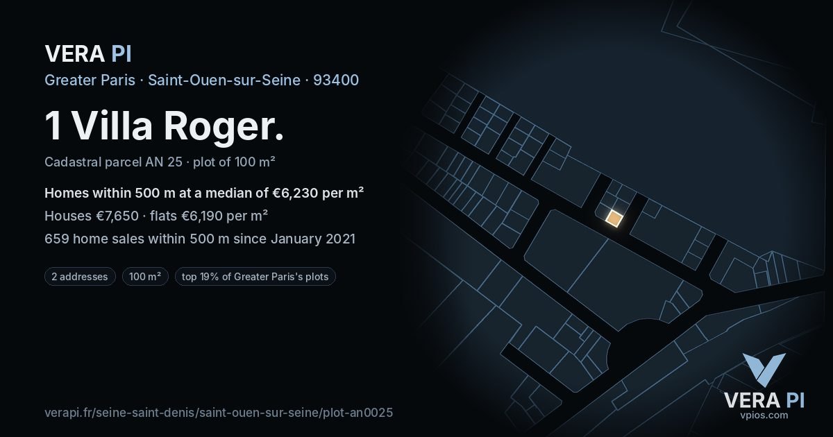 1 Villa Roger, Saint-Ouen-sur-Seine at night – the plot lit, the parcels around coloured by the prices near them