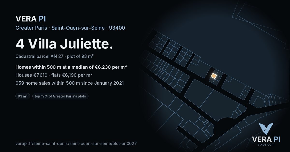 4 Villa Juliette, Saint-Ouen-sur-Seine at night – the plot lit, the parcels around coloured by the prices near them