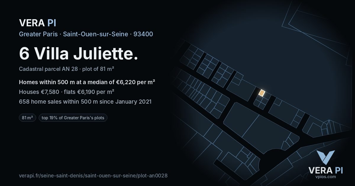 6 Villa Juliette, Saint-Ouen-sur-Seine at night – the plot lit, the parcels around coloured by the prices near them