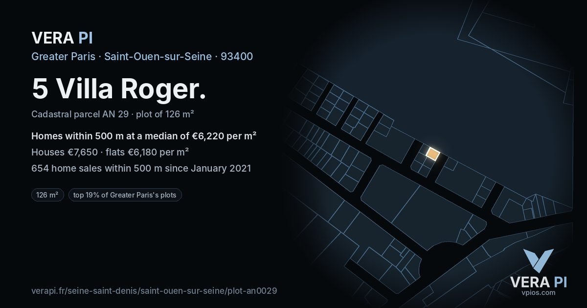 5 Villa Roger, Saint-Ouen-sur-Seine at night – the plot lit, the parcels around coloured by the prices near them