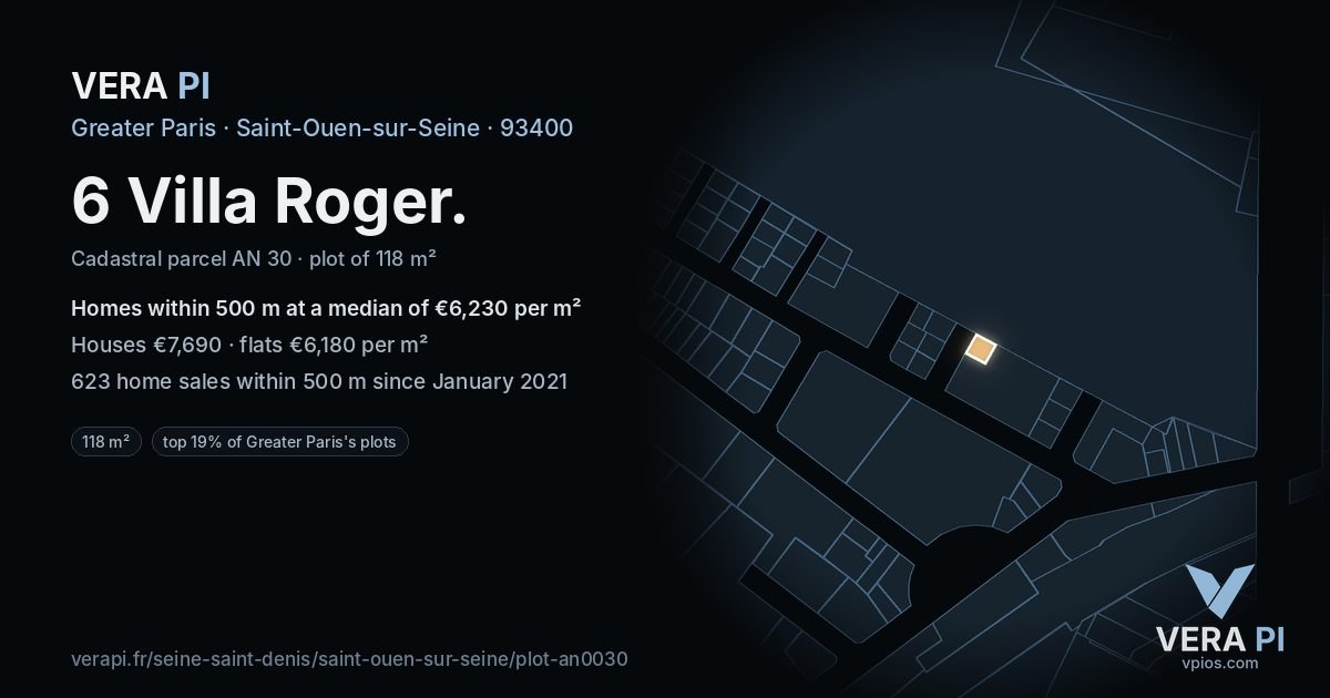 6 Villa Roger, Saint-Ouen-sur-Seine at night – the plot lit, the parcels around coloured by the prices near them