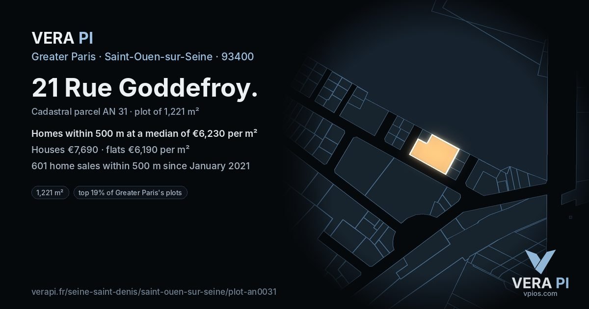 21 Rue Goddefroy, Saint-Ouen-sur-Seine at night – the plot lit, the parcels around coloured by the prices near them