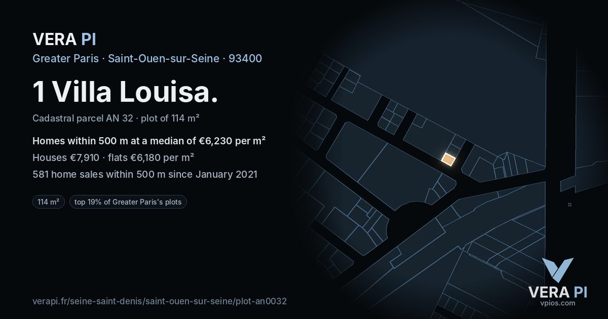 1 Villa Louisa, Saint-Ouen-sur-Seine at night – the plot lit, the parcels around coloured by the prices near them
