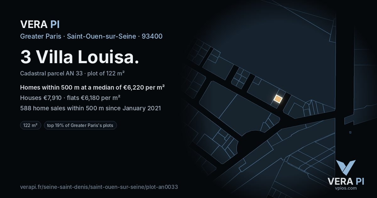 3 Villa Louisa, Saint-Ouen-sur-Seine at night – the plot lit, the parcels around coloured by the prices near them