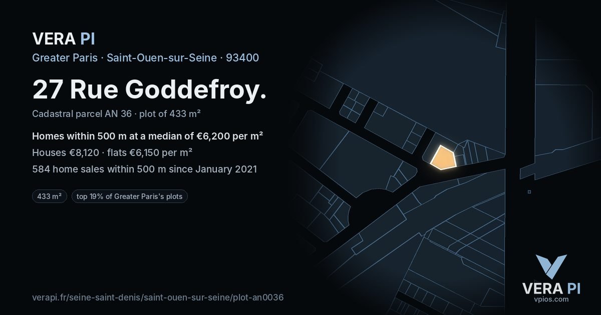 27 Rue Goddefroy, Saint-Ouen-sur-Seine at night – the plot lit, the parcels around coloured by the prices near them