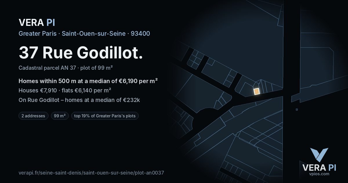 37 Rue Godillot, Saint-Ouen-sur-Seine at night – the plot lit, the parcels around coloured by the prices near them
