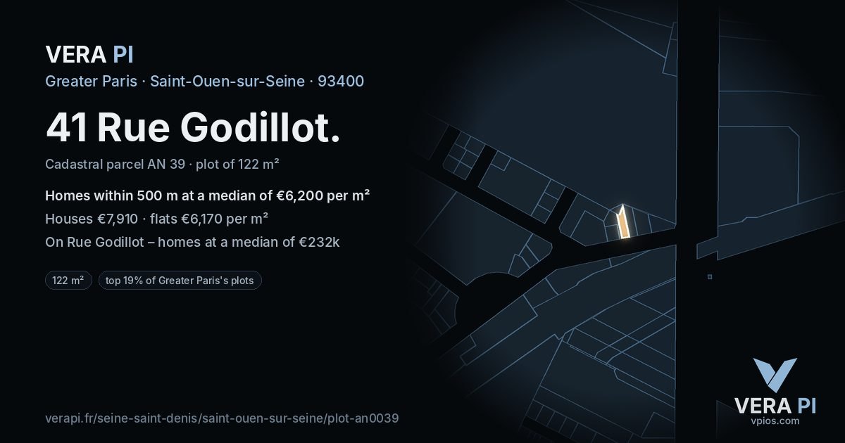 41 Rue Godillot, Saint-Ouen-sur-Seine at night – the plot lit, the parcels around coloured by the prices near them
