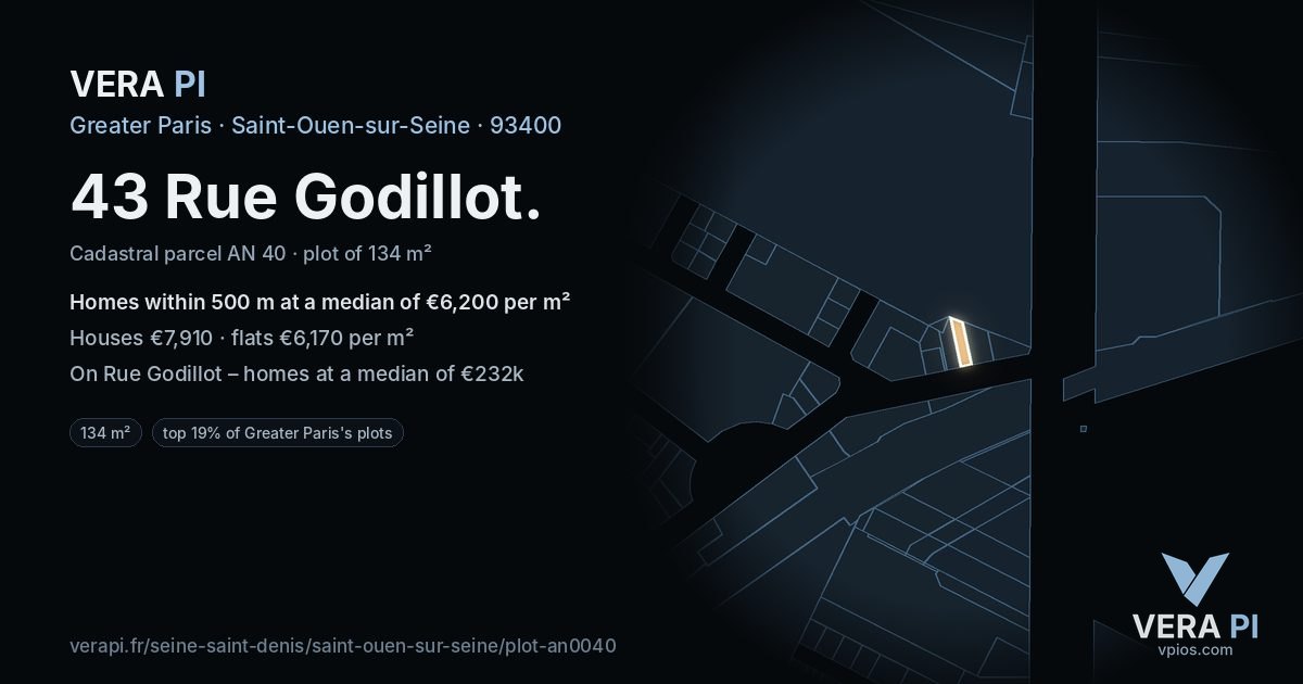 43 Rue Godillot, Saint-Ouen-sur-Seine at night – the plot lit, the parcels around coloured by the prices near them