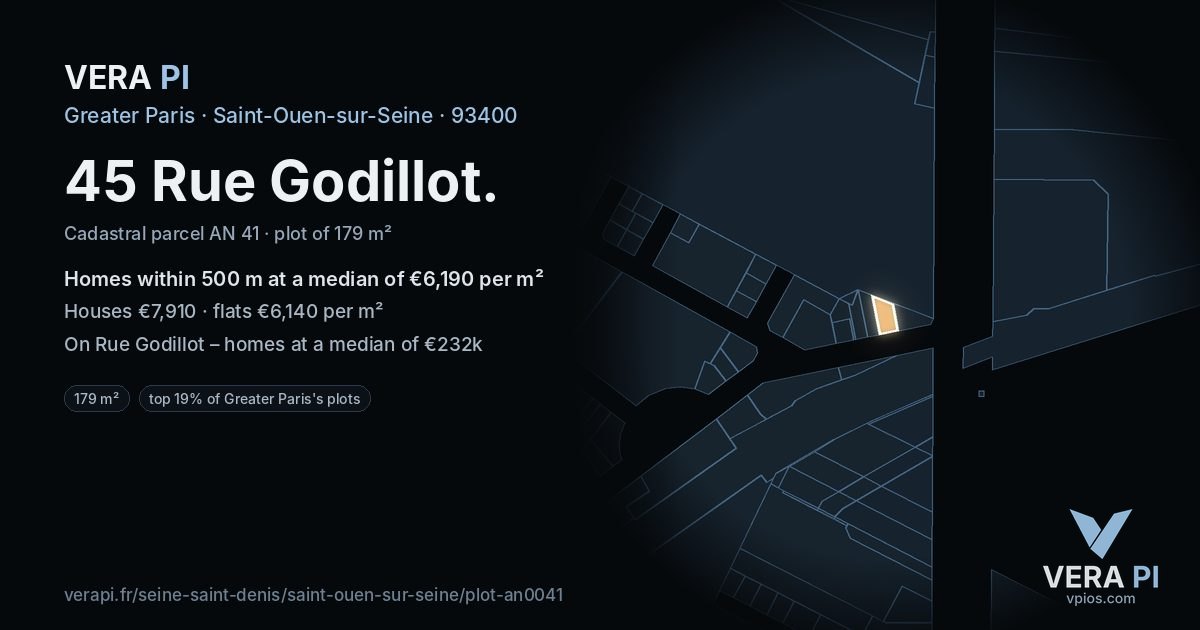 45 Rue Godillot, Saint-Ouen-sur-Seine at night – the plot lit, the parcels around coloured by the prices near them