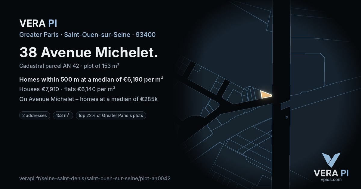 38 Avenue Michelet, Saint-Ouen-sur-Seine at night – the plot lit, the parcels around coloured by the prices near them