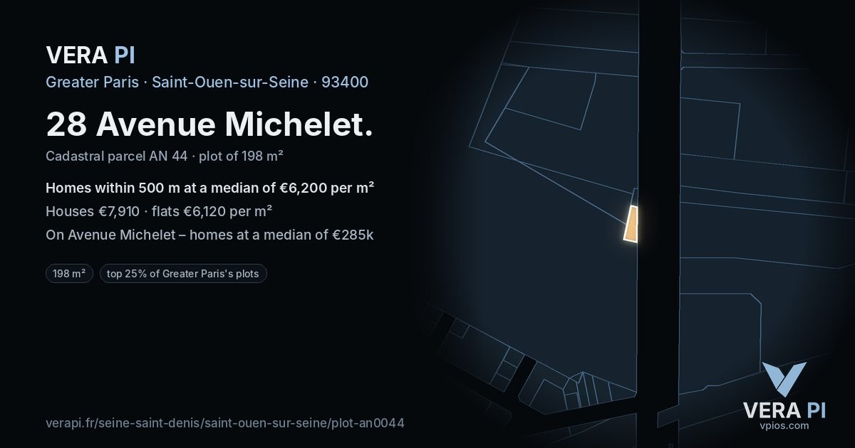 28 Avenue Michelet, Saint-Ouen-sur-Seine at night – the plot lit, the parcels around coloured by the prices near them