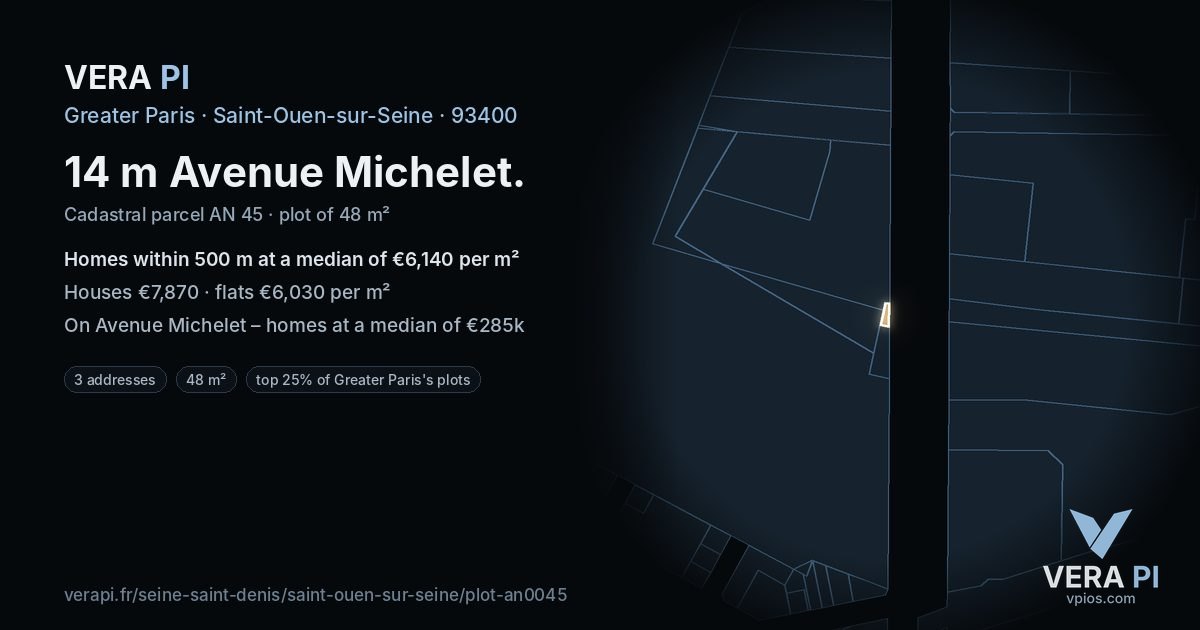 14 m Avenue Michelet, Saint-Ouen-sur-Seine at night – the plot lit, the parcels around coloured by the prices near them