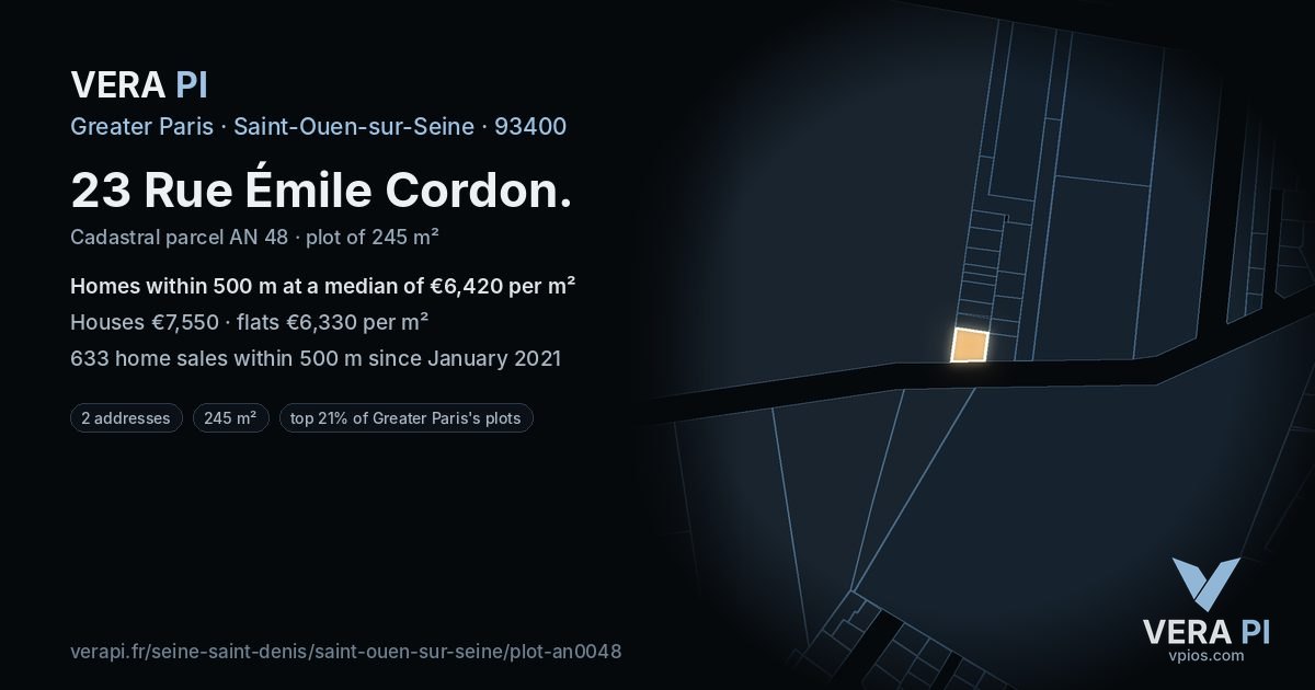 23 Rue Émile Cordon, Saint-Ouen-sur-Seine at night – the plot lit, the parcels around coloured by the prices near them