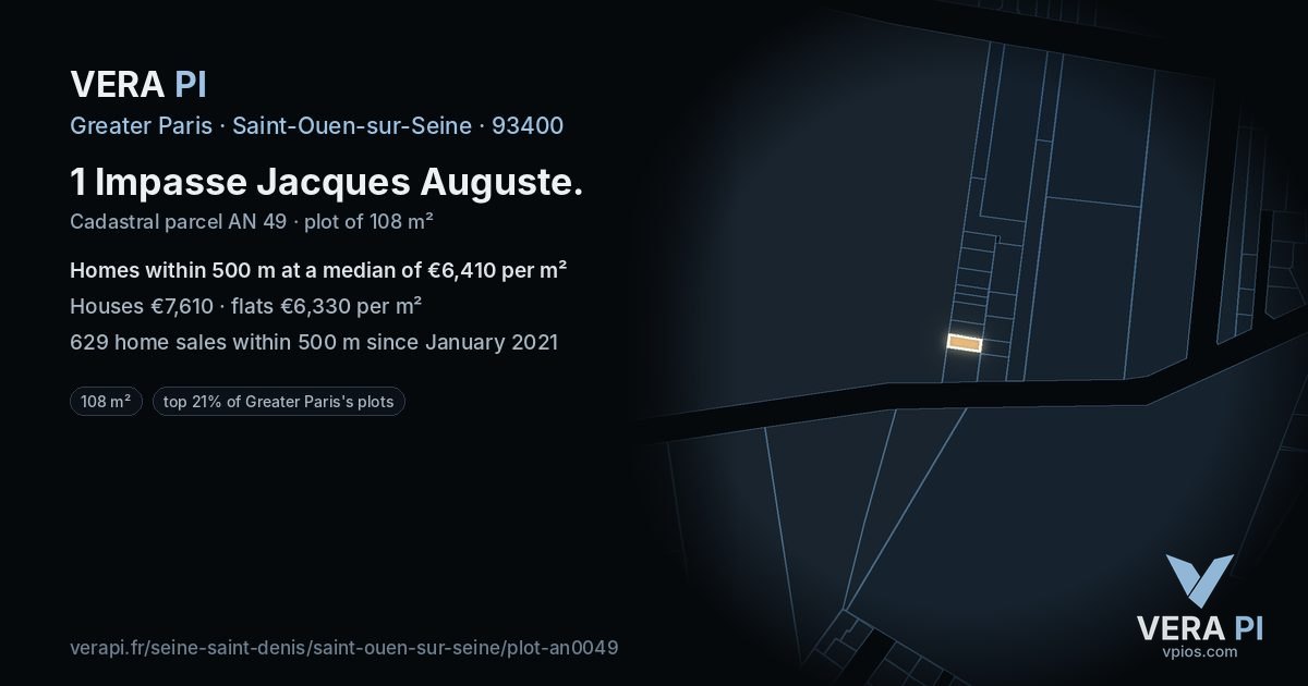 1 Impasse Jacques Auguste, Saint-Ouen-sur-Seine at night – the plot lit, the parcels around coloured by the prices near them