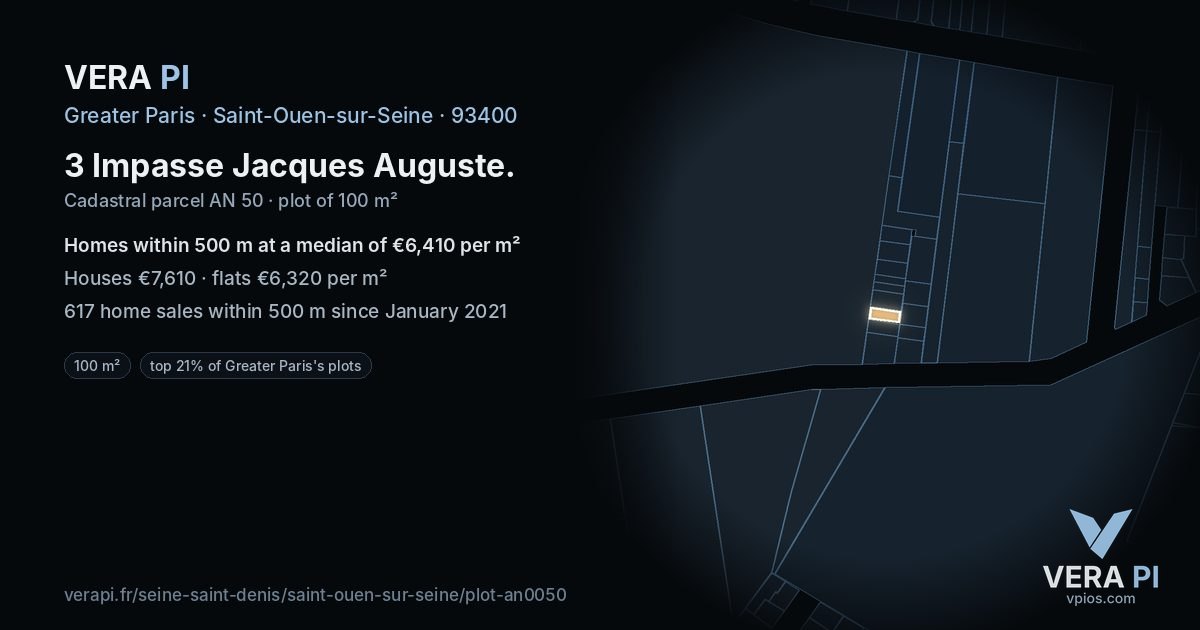 3 Impasse Jacques Auguste, Saint-Ouen-sur-Seine at night – the plot lit, the parcels around coloured by the prices near them