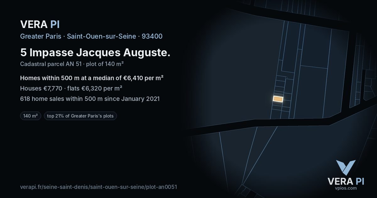 5 Impasse Jacques Auguste, Saint-Ouen-sur-Seine at night – the plot lit, the parcels around coloured by the prices near them