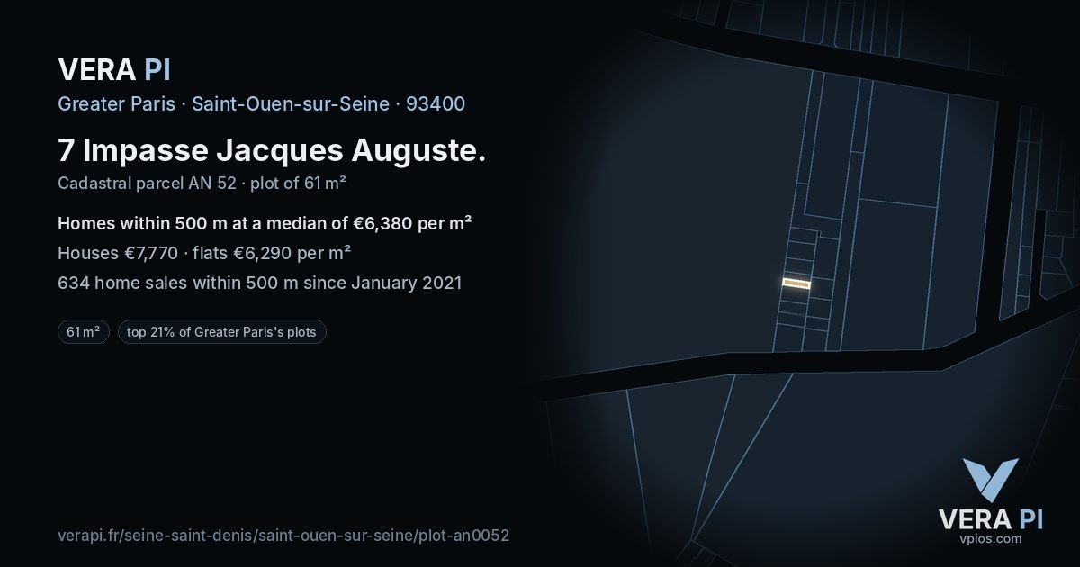 7 Impasse Jacques Auguste, Saint-Ouen-sur-Seine at night – the plot lit, the parcels around coloured by the prices near them