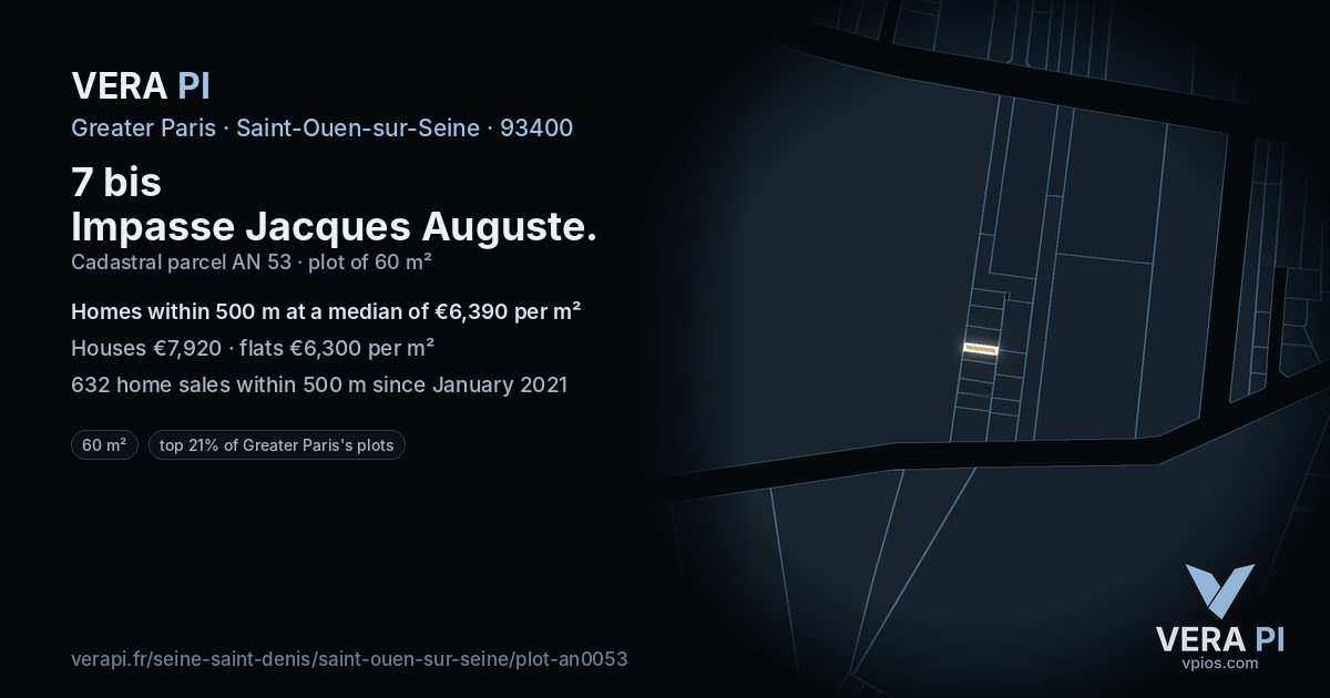 7 bis Impasse Jacques Auguste, Saint-Ouen-sur-Seine at night – the plot lit, the parcels around coloured by the prices near them