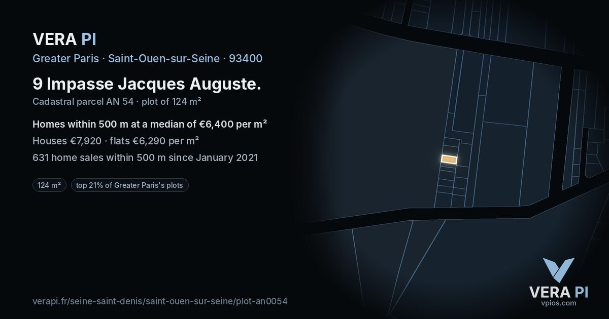 9 Impasse Jacques Auguste, Saint-Ouen-sur-Seine at night – the plot lit, the parcels around coloured by the prices near them