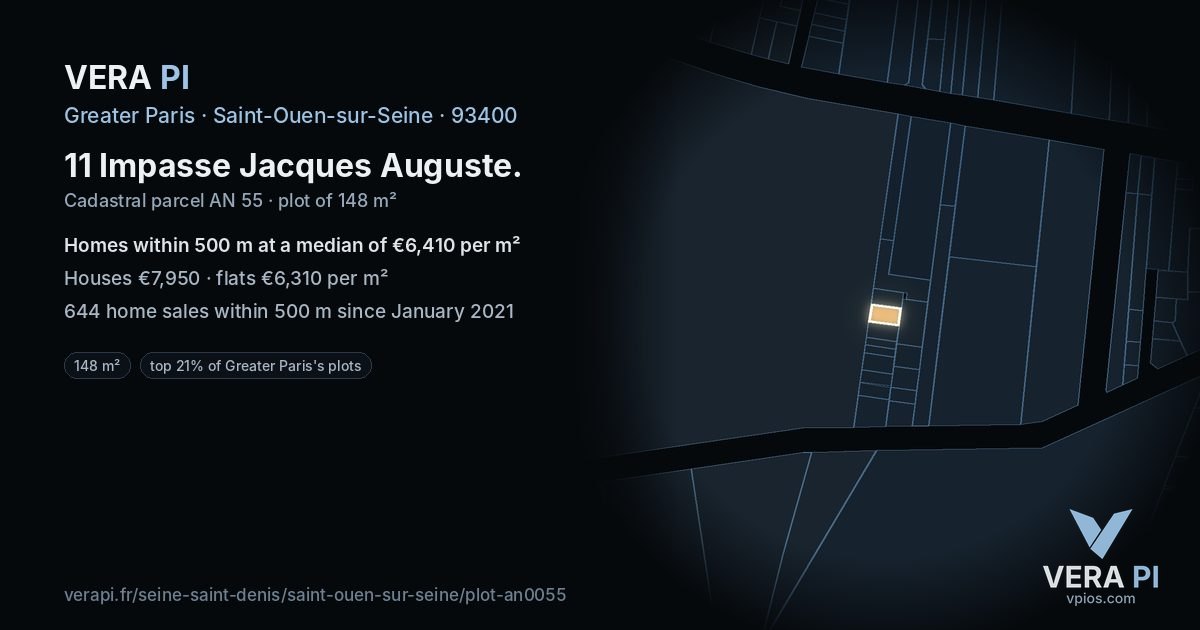 11 Impasse Jacques Auguste, Saint-Ouen-sur-Seine at night – the plot lit, the parcels around coloured by the prices near them